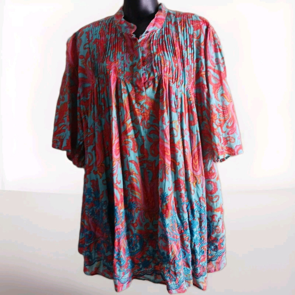 ANU Embroidered Tunic Blouse Orange Turquoise Floral Extra Large